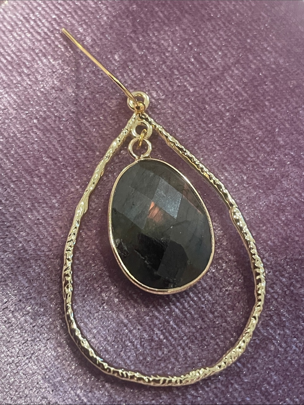 Gold Teardrop Dangle Earrings with Dark  stone
